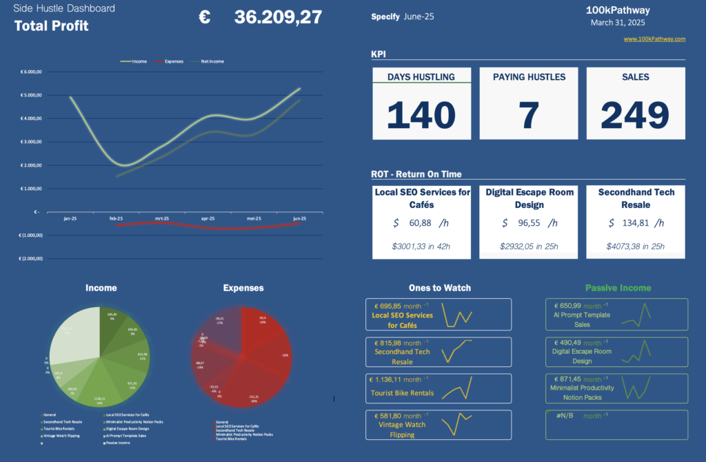 Screenshot of the current side hustle income tracking dashboard showing earnings and expenses from multiple income streams used in our side hustle insights page