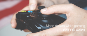 A stack of virtual FC coins from EA Sports FC 25 shown with a PlayStation controller. Sell FC coins while having fun.