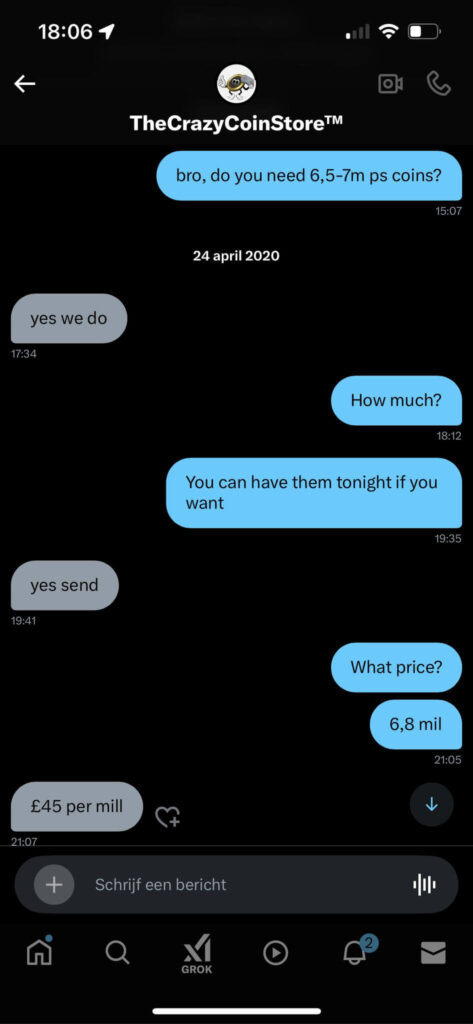 Screenshot of Sell FC Coins in Twitter conversation showing a successful sale agreement.