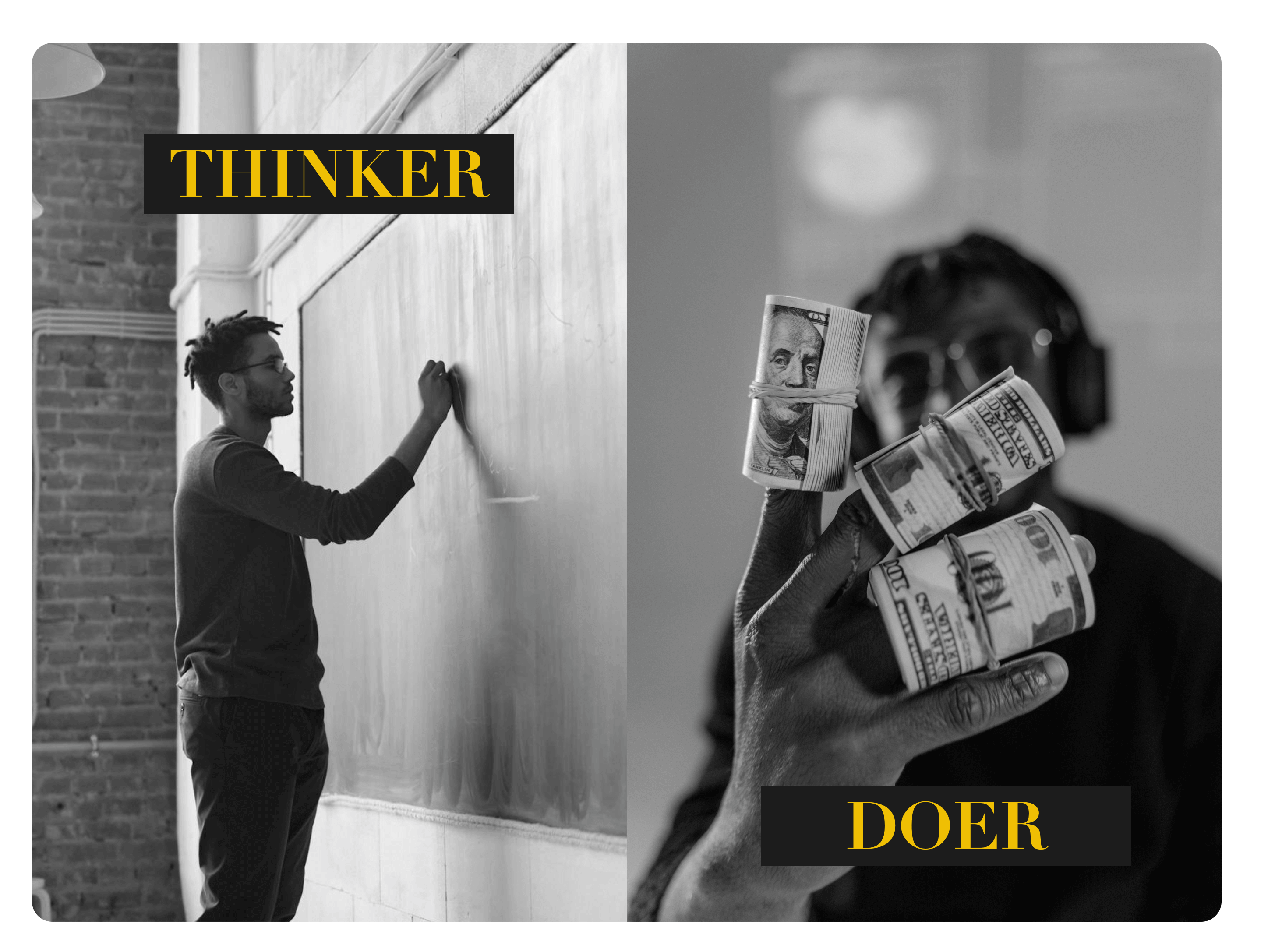 Illustration comparing thinker vs doer mentality in side hustles that work in Europe, highlighting the contrast between overthinking and taking action to build online income