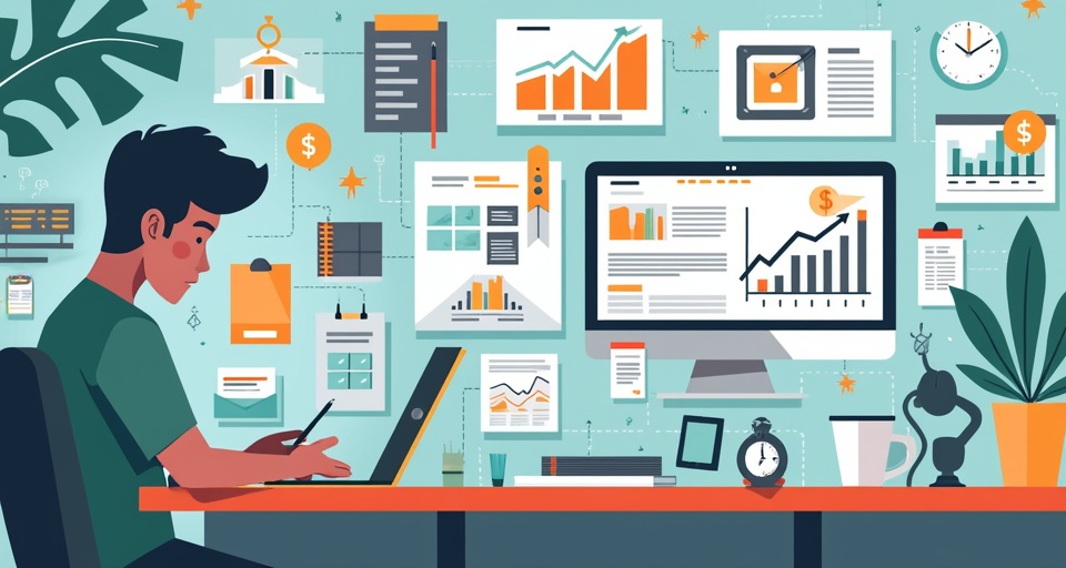 A digital entrepreneur planning blog niches for side hustles on various devices with analytics charts and success symbols.