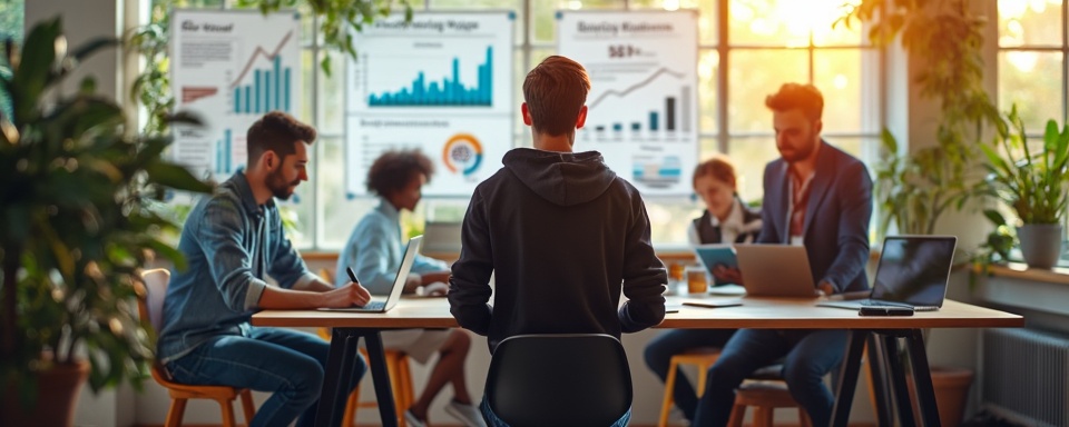 A group of individuals exploring profitable blog niches for side hustles in a modern workspace.