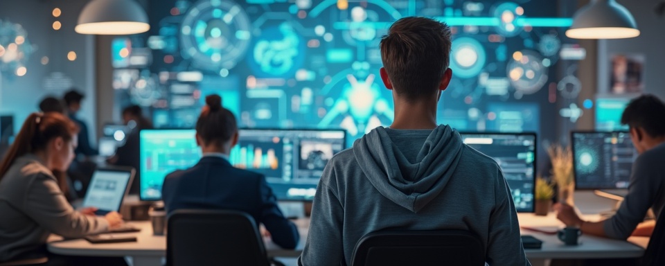 Professionals using high income digital skills in a futuristic workspace with AI and cybersecurity elements