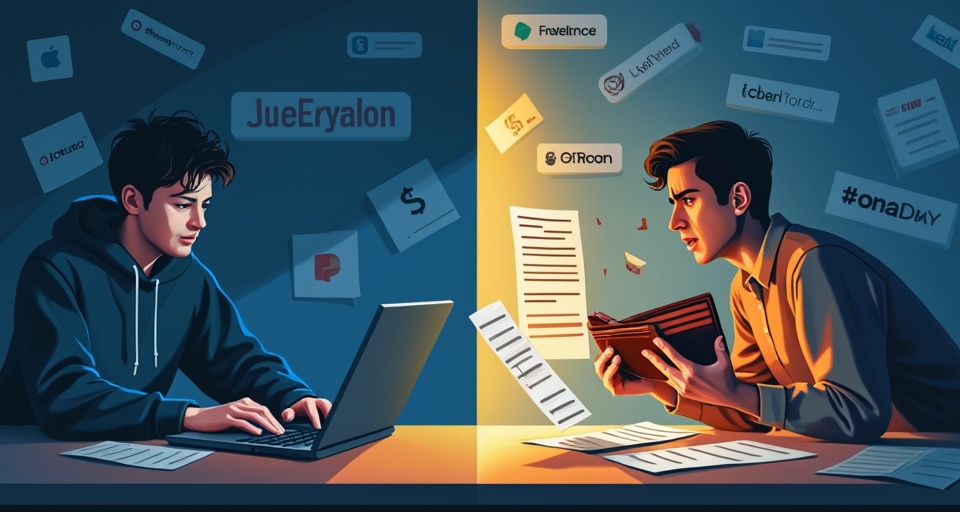 Image depicting contrasting scenarios of a college student working on a side hustle scams versus a scam victim with financial loss.