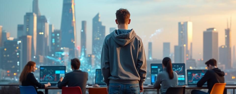 A cityscape of a European metropolis showcasing digital banking for freelancers, with young professionals utilizing mobile banking tools.