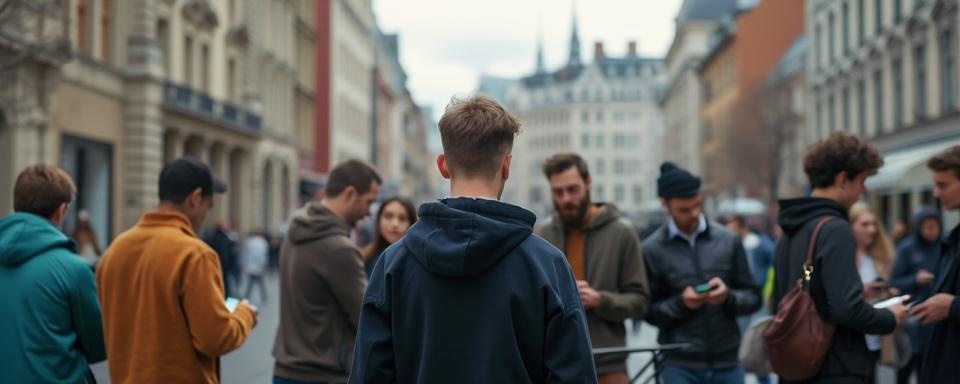 Young Europeans engaging with digital devices amidst a bustling cityscape, symbolizing the Freecash experience.