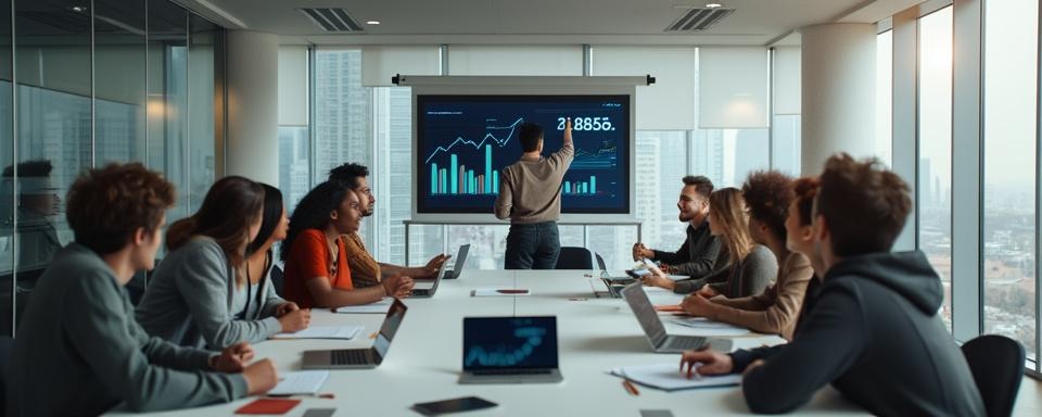 Entrepreneurs attentively learning about financial education in a modern workshop setting, with a focus on financial graphs displayed on a screen.