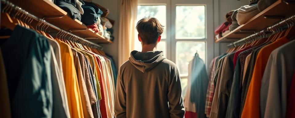 A closet with neatly arranged second-hand clothes bathed in natural light, emphasizing the opportunity to sell second hand items on Vinted.