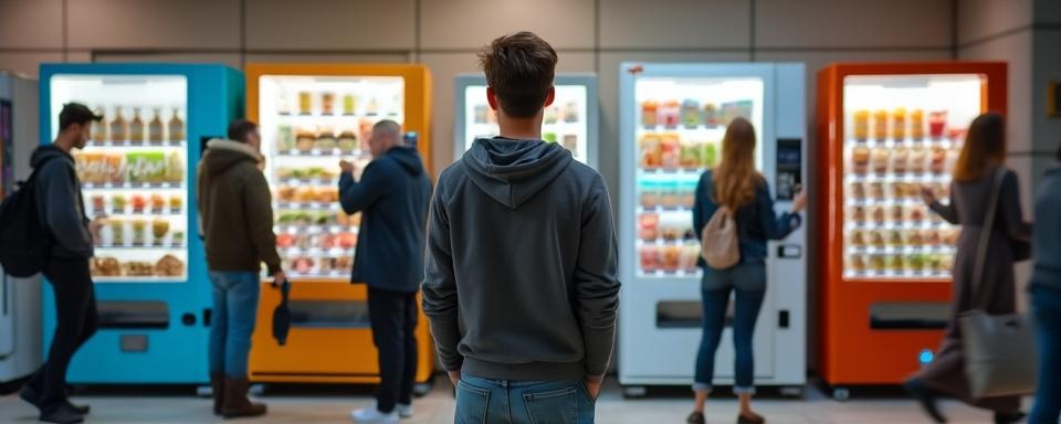 View of European city with diverse vending machines offering snacks, meals, and coffee, highlighting vending machine side hustle.