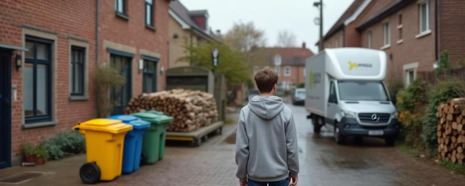 A lively European town scene with various essential businesses like bin cleaning, car washing, and firewood delivery thriving in 2025.