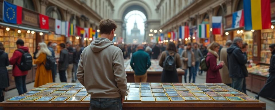 A European marketplace bustling with Pokémon card investing activities, showcasing diverse collectors and rare cards.